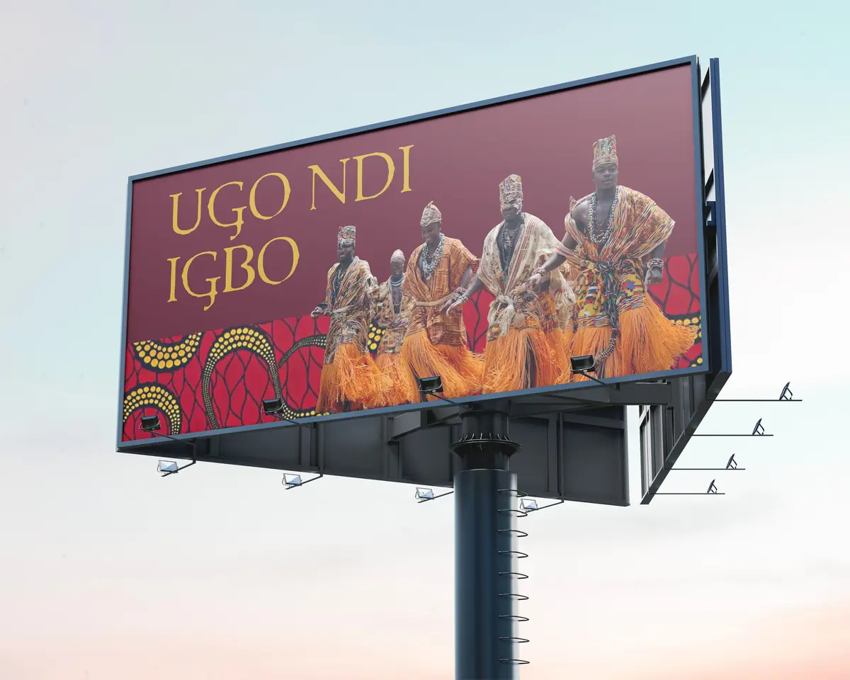 Ugo Ndi Igbo billboard design featuring dancers and the brand wordmark